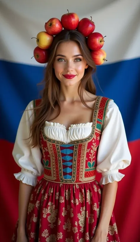 Russian　woman　A very beautiful woman　smile　Big Breasts　Wearing national costume　The person&#39;s entire body must be visible　The image must clearly show the limbs　Face facing straight ahead　Standing in front　There are no obstacles obscuring the person　Only...