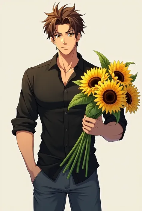 Muscular anime boy brown hair brown eyes black button down shirt with skinny jeans, holding a bouquet of sunflowers 