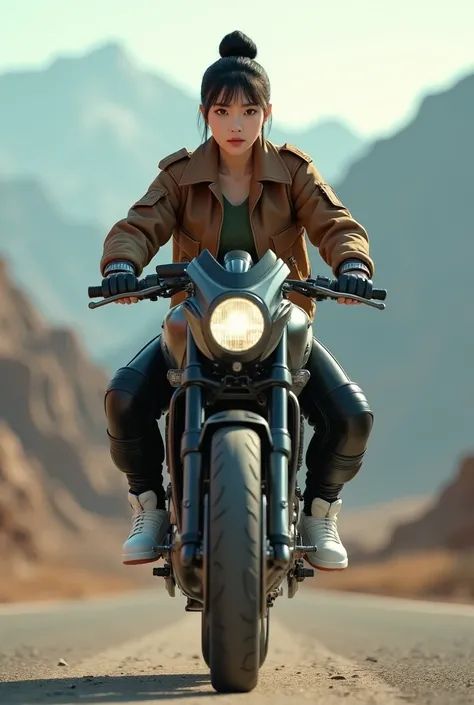 Cinematic 3D image of a beautiful Korean woman in biker action with smooth white skin and a perfectly groomed face,black hair in a bun,bangs wearing a brown bomber jacket with lots of pockets around his elbows,black cargo pants with lots of pockets,green u...