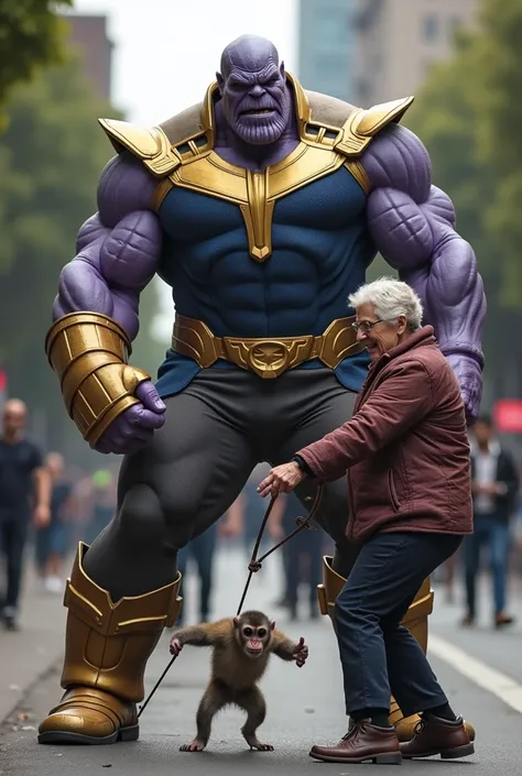 Thanos becomes a robber and snatches monkey from old women that was having a purse. Suddenly THANOS snatches her purse filled with a lot of money in it