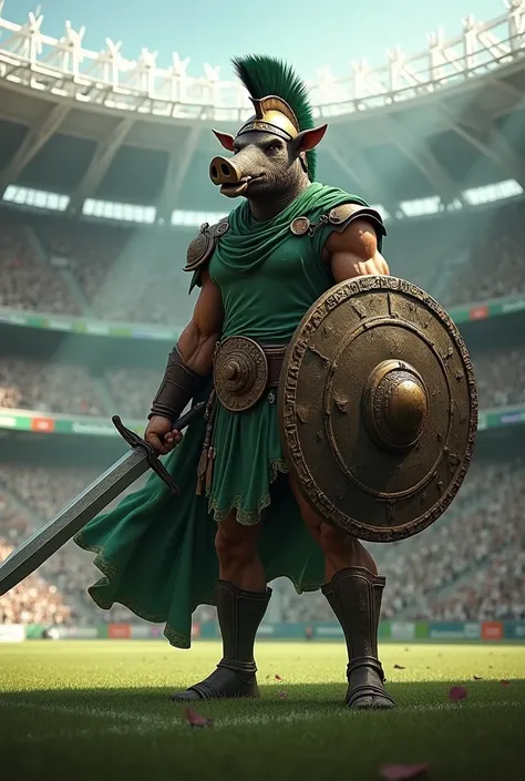 A Spartan soldier with the head of a boar, He wears a Spartan warrior helmet. He has the body of a man. He wears a green shirt and a green cape. He holds a sword in his right hand and a shield in his left hand., in the background a football stadium like th...