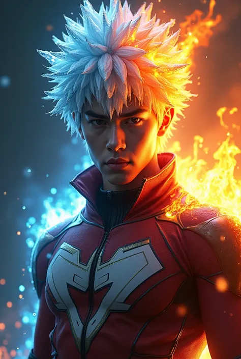 a detailed portrait of shoto todoroki, 1boy, ice and fire, detailed ice crystals, detailed fire flames, detailed superhero costume, detailed facial features, (best quality,4k,8k,highres,masterpiece:1.2),ultra-detailed,(realistic,photorealistic,photo-realis...