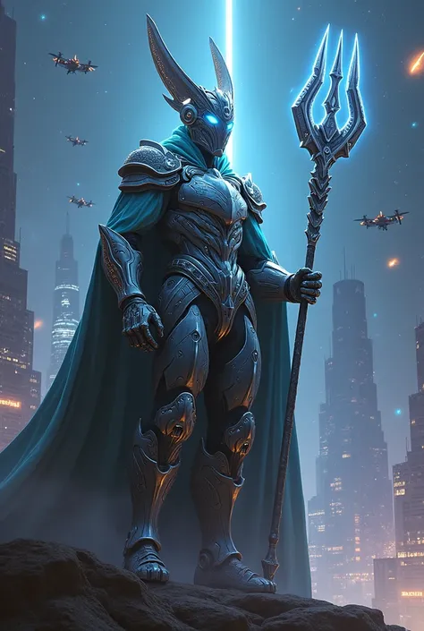 A realistic image of an A extremely futuristic tall  king in  city with futuristic glowing armor and  with long crown  with mask with huge trident in hand commanding an futuristic army, flying  bots towards the night sky 