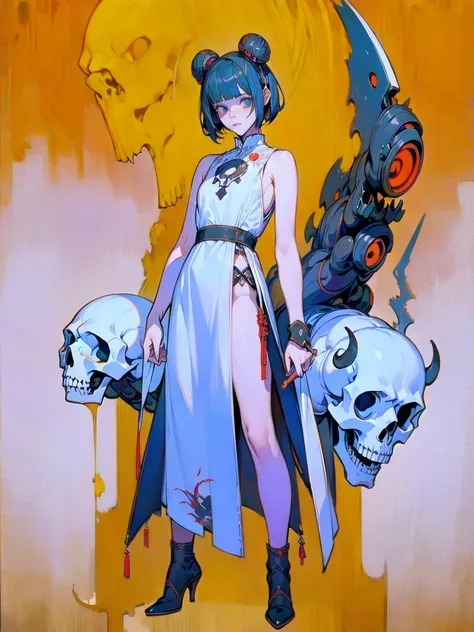 (masterpiece), (High resolution), (Full body portrait), （Cyberpunk）、White bowl cut、Sleeveless white dress with skull pattern、 Dark atmosphere, Flat illustration, Creepy Appearance, Distinctive hairstyle, Creative accessories, Unique atmosphere,A Little Nig...