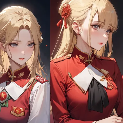 ((Best Quality)), ((masterpiece)), (detailed), （Perfect Face）、The woman is Seras Ashlain, a high elf with medium-long blonde hair, dressed in the uniform of a Chinese Communist Party member, adorned with luxurious jewelry and an engagement ring.、A woman be...