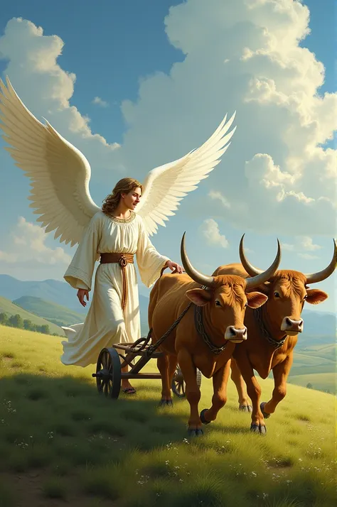 Angel plowing to sow with a team of oxen in a beautiful field