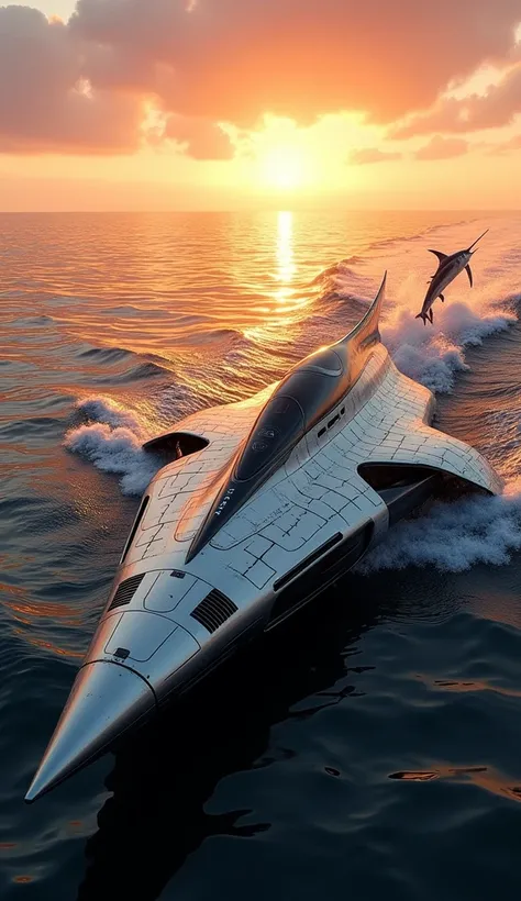 "A futuristic ship with sleek, aerodynamic lines inspired by the streamlined body of a marlin fish. The ship features a metallic, reflective surface with patterns reminiscent of the marlins scales. Its front section resembles the elongated snout of the mar...