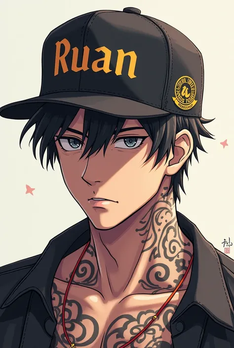 Male anime with tattoo, and cap with the name Ruan written on it and with the kwai symbol and verification seal, best quality 