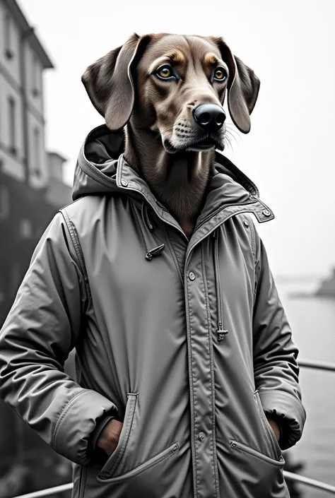 beautiful vizsla with big eyes as a fisherman with rain jacket in Peaky Blinders style as a coloring picture in black and white
