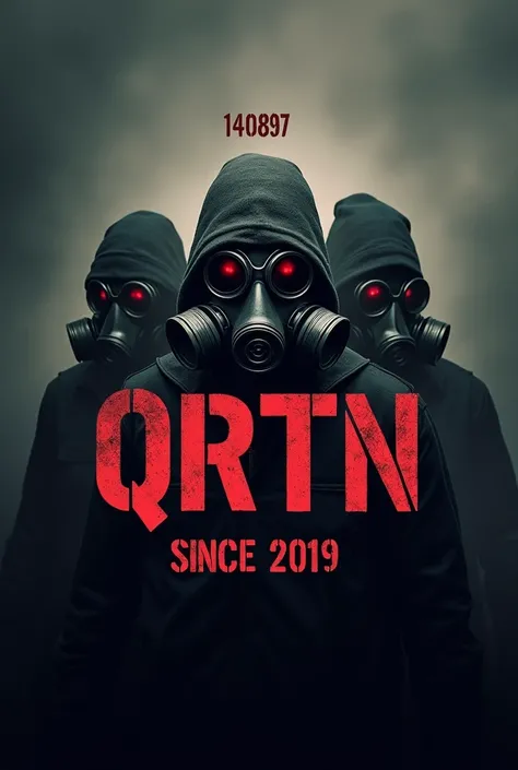 Logo for a shooting game with the acronym QRTN and in the background three gas and war masks With the writing 140897 on top of the image Place the writing: Since 2019