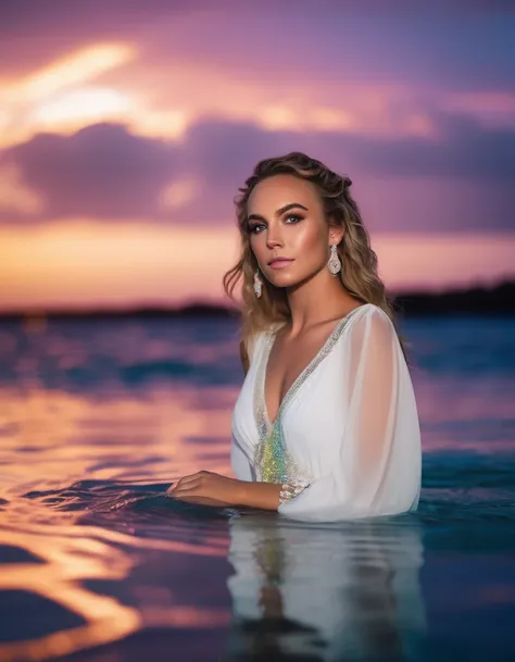 headshot close up cinematic photo of a beautiful (Britney Spears:0.6) ((ohwx woman)) sitting in the water wearing a chiffon white dress at a mystic heaven where the clear water is rainbow colored, and the sky in the background behind her has pastel rainbow...