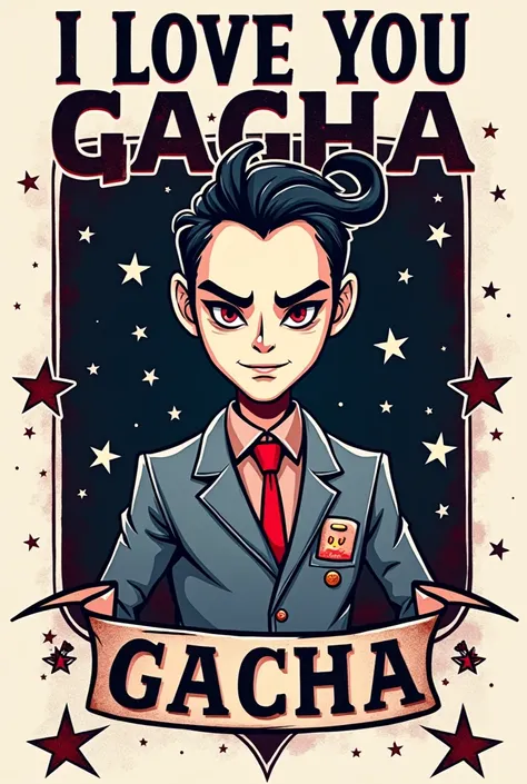 Make me a logo that says I love you gacha and below this a criminal poster that its colors are white, black, red and dark blue that has stars and looks a little cute and at the same time a little dark and mafia-like. 
