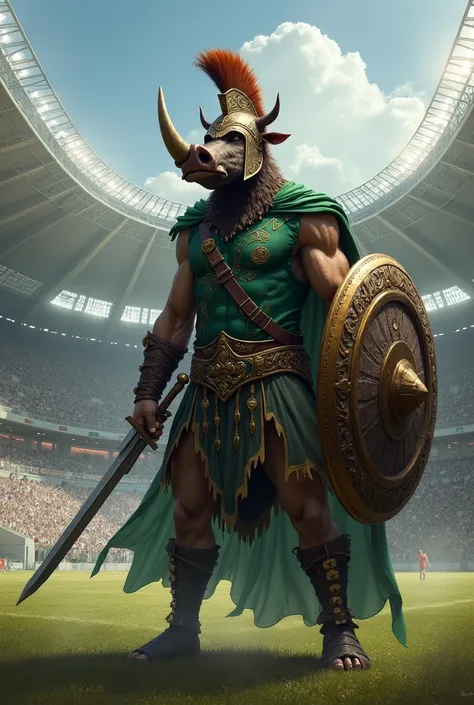 A Spartan soldier with the head of a boar, He wears a Spartan warrior helmet. He has the body of a man. He wears a green shirt and a green cape. He holds a sword in his right hand and a shield in his left hand., in the background a football stadium like th...