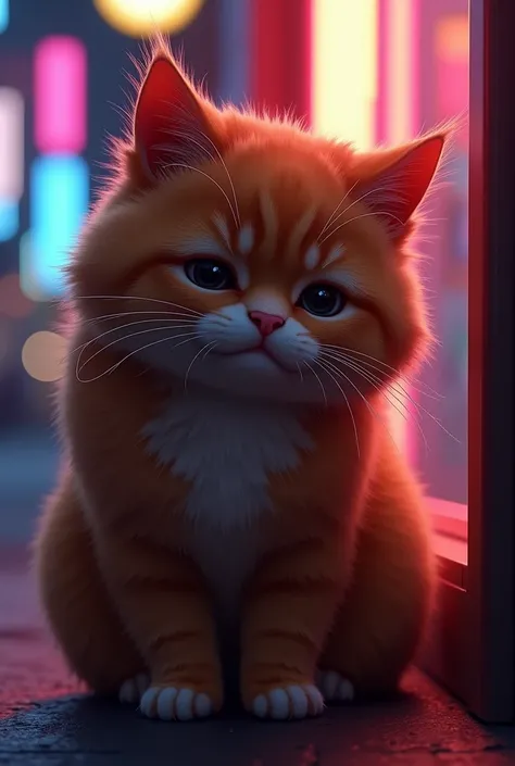 A orange realistic floppy cat crying tears visible in his eyes  night neon lights