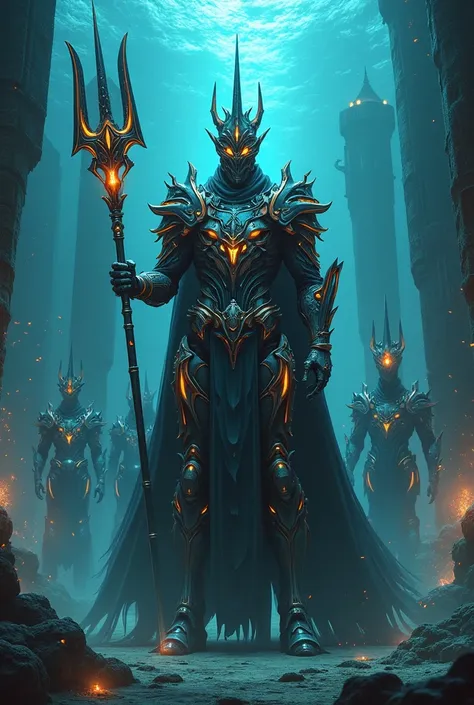 A realistic image of an A extremely futuristic tall  king in  underwater church city with futuristic Russian glowing armor and  with long crown  with mask with huge trident in hand commanding an futuristic army, flying  bots towards the night sky 