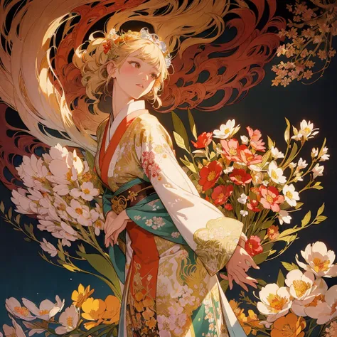 Alphonse Mucha style, unreal world, high detail illustration, Design an illustration of a young woman in a traditional Japanese kimono adorned with detailed floral embroidery. She is surrounded by a tapestry-like background of blooming flowers, evoking the...