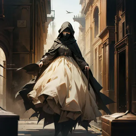 Black cloak、Black hood、Big backpack、Traveling Merchant Woman、solo, Lots of luggage、Big carriage、street vendors