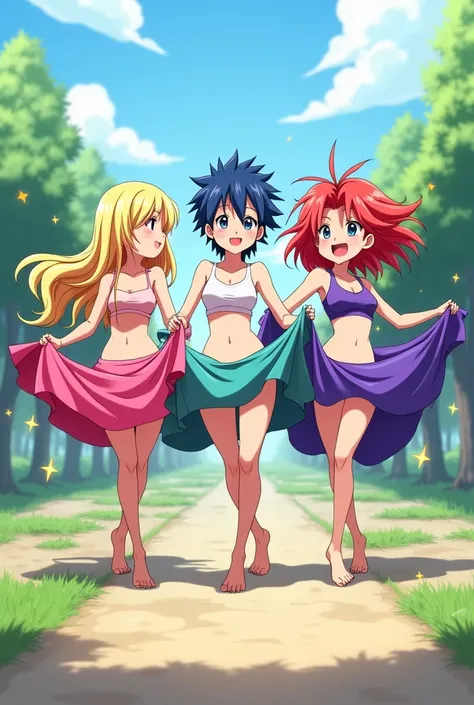 Make me a picture of a group of three girls and all three of them have their skirts lifted up by the wind, showing their underwear., Different colored underwear and girls with different hair. 
Naruto Style