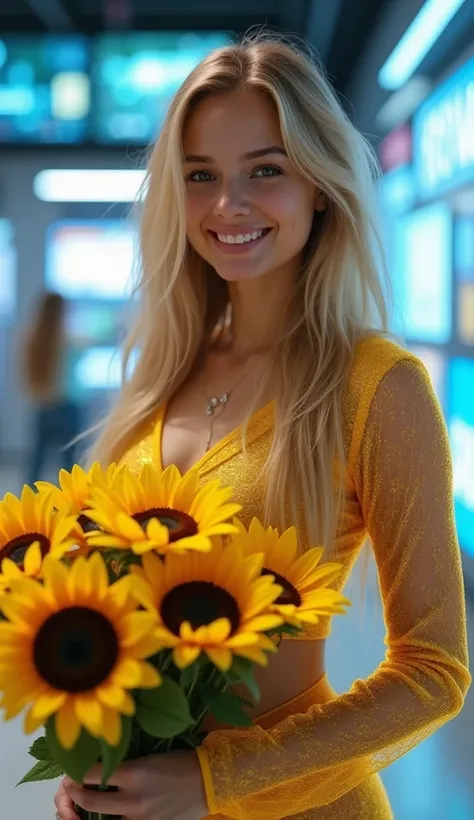 a young blonde Latina with long hair, smiling, dressed in transparent golden clothing, the young woman holds a bouquet of sunflowers in her hands, the young woman looks in front of the camera, streaming room. hd image, 64mm, 4k image, cyberpunk style,