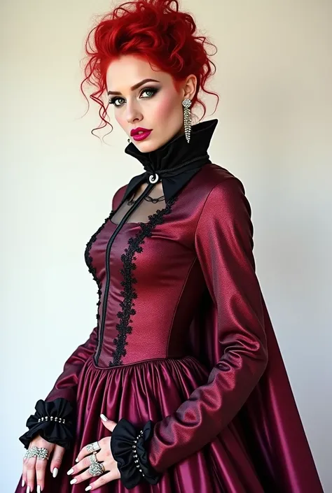 ((full body photo)), Full body shot of a woman, white platform High Heel Boots,  red hair, Updo, Gothic girl, Darkening eyeshadow, 30 years elegant woman, pale skin, Maroon neon pink high neck shiny satin renaissance style chinoiserie dress with high colla...