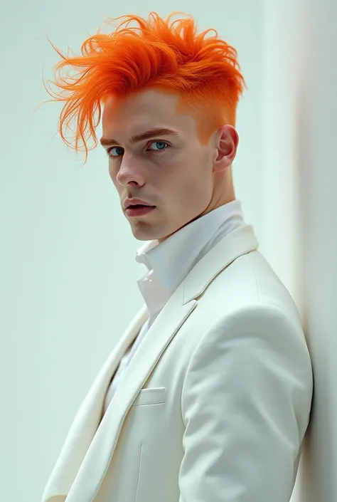 Create a persona of a man with orange hair and a white outfit.