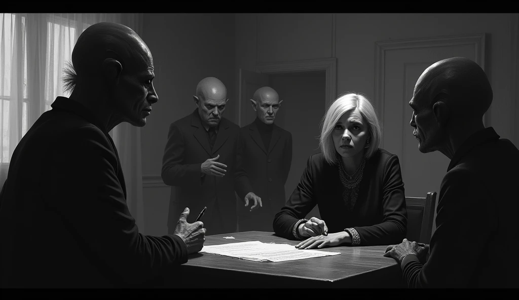 Create a mysterious and tense scene depicting Lady Babushka (Irina Volkov) in a clandestine meeting with shadowy figures in a dimly lit room. Illustrate her expression of concern as she discusses secret agreements between human leaders and extraterrestrial...