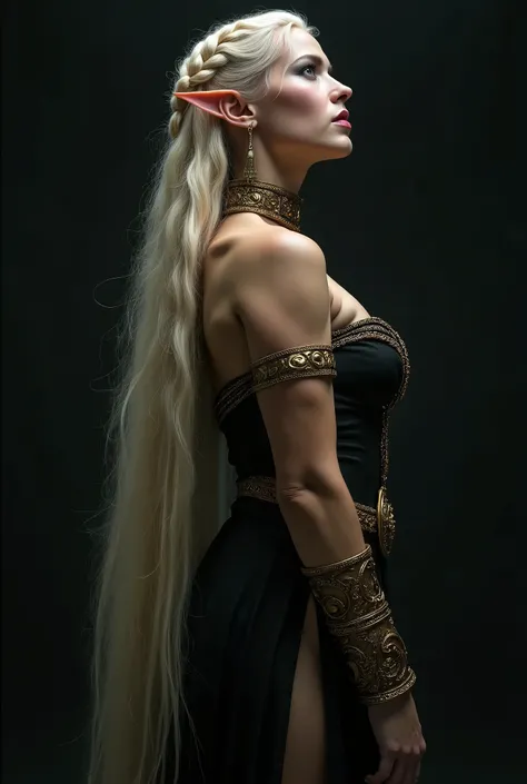 MARVELOUS WARRIOR  ELVE FEMALE (TOLKIEN), FULL BODY IMAGE , STUDIO IMAGE STYLE, BLACK INFINITE BACKGROUND, DIFFUSED LIGHTS ON FACE, BACK LIGHTS ON HAIR, LUMINOUS HAIR, CLOSE FACE SHOT, BLONDE LONG HAIR, HUGE STRAIGHT LONG HAIR, HAIR REACHING THE FLOOR, BRA...