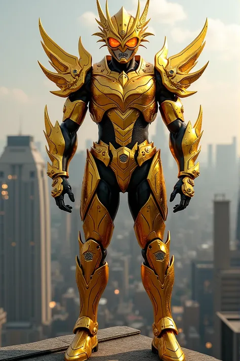 one man become kamen rider with gold cyber armor and dragon celestial animal motive and still standing with magnificent pose on building