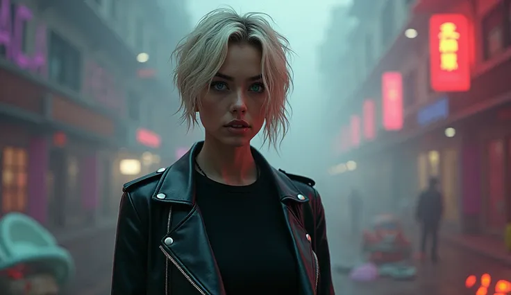 Woman with leather jacket and black t-shirt, very short blonde hair, hypnotized look, crazy and psychedelic look. Psychedelic background with lots of fog. 
