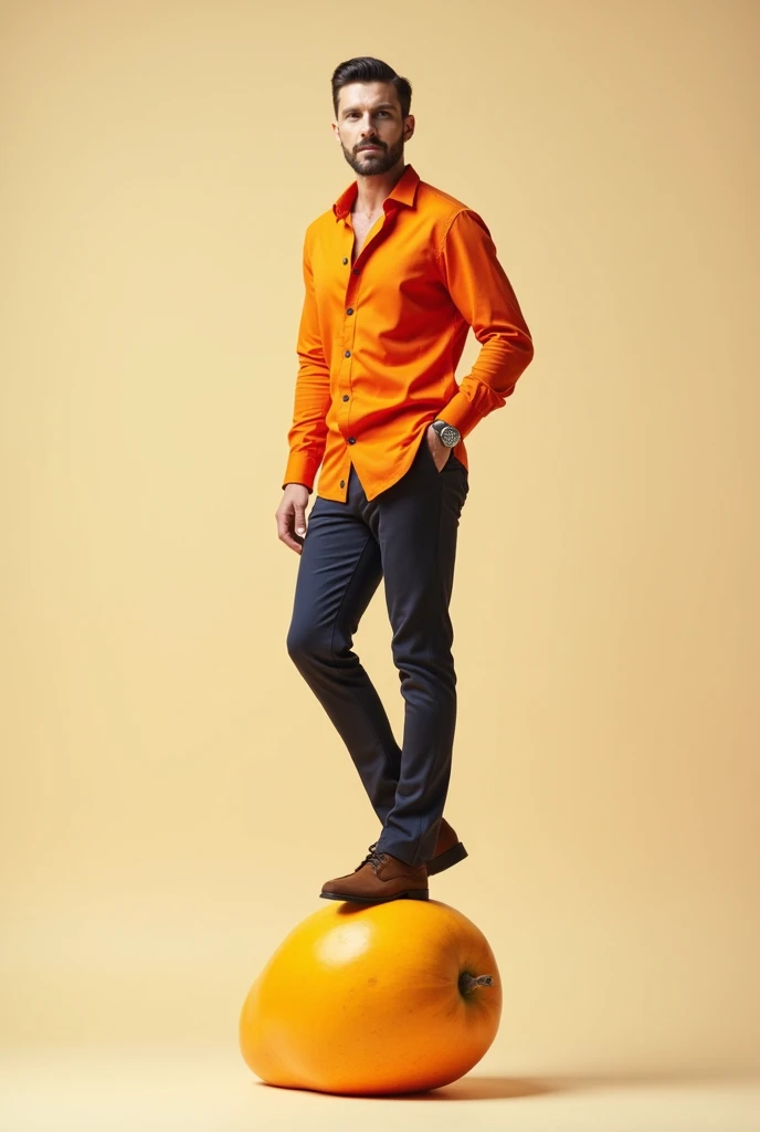 A handsome man in orange shirt stepping on a mango fruit 