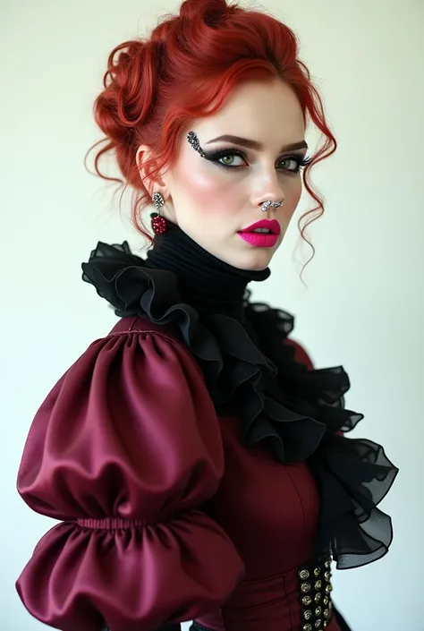 ((full body photo)), Full body shot of a woman, white platform High Heel Boots,  red hair, Updo, Gothic girl, Darkening eyeshadow, 30 years elegant woman, pale skin, Maroon Black High Neck Shiny Satin Renaissance Chinoiserie Dress with High Collar, turtlen...