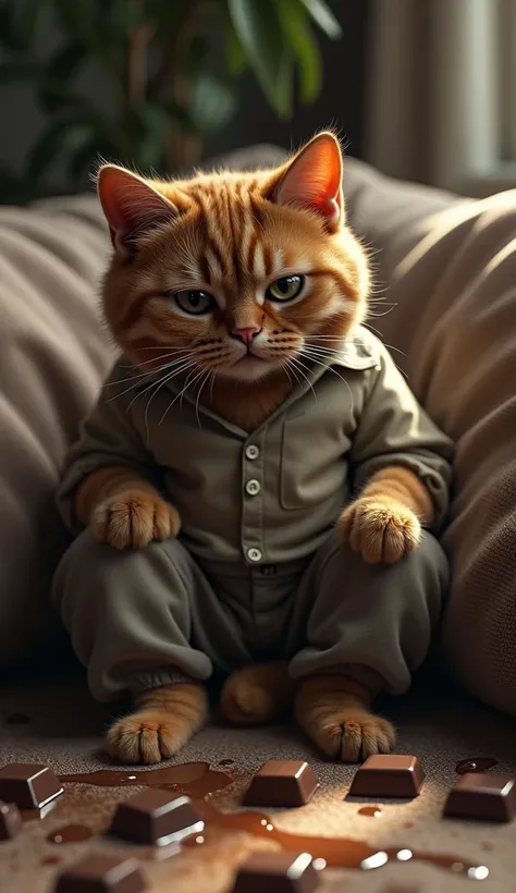 create an image of brown cat wearing shirt and trouser crying on sofa in house with chocolate with lot of tear