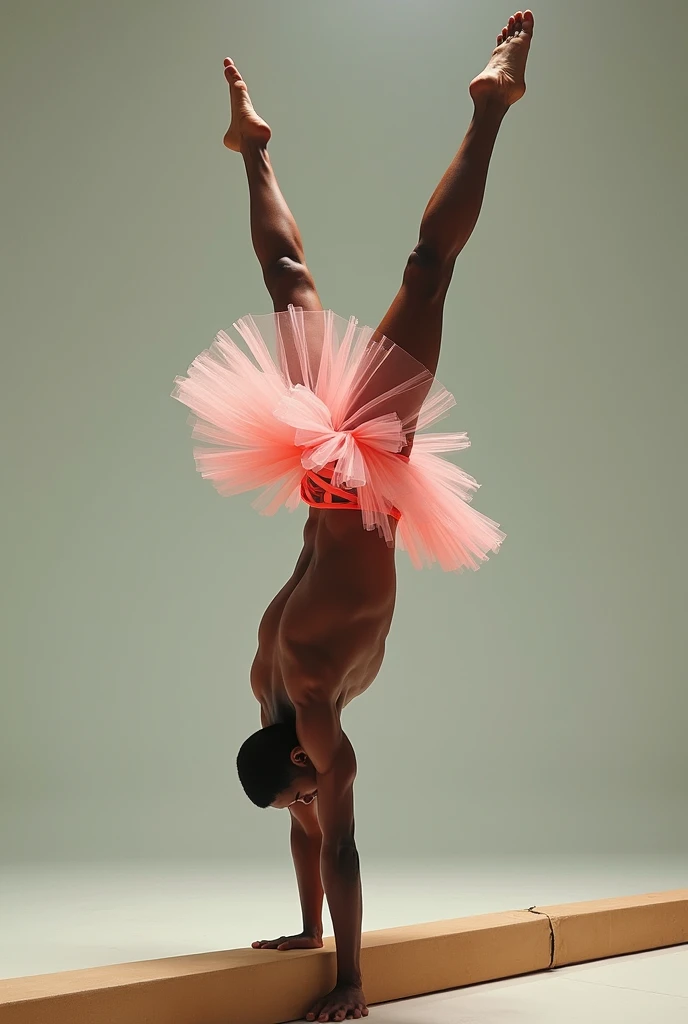 Fait une image de teddy riner le judoka français il est noir grand et fort sans cheveux qui fait de la gymnastique sur une poutre entrain de faire une roue en portant un tutu
