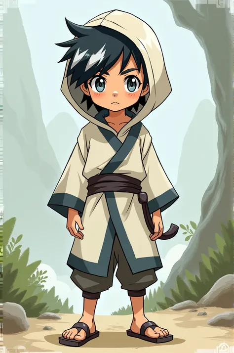 You have a pokemon with these characteristics, a boy of a few years old, with a white hooded tunic with black lines and ninja sandals, The boy&#39;s eyes are grey, Her hair is black with white streaks, Do you think you can do it with the drawing style with...