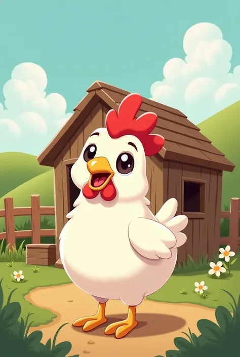 Create an image of a cute chicken and a chicken coop in the background in cartoon form