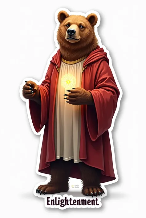 A bear sticker, wearing cloths of Jesus, posing like Jesus, having divine powers, "enlightenment" written below, white background 