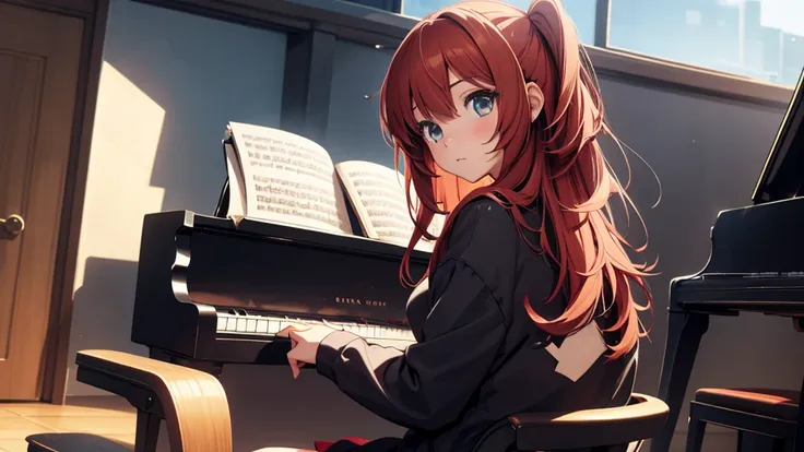 girl sitting in front of the piano, with a full figure design. anime style.