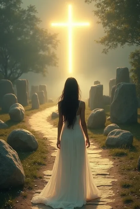 In an enchanted land there are 10 large stones laid on the walking path. At the end of the road there is glowing divine light with a golden cross. A beautiful curvy lady with dark hair wearing a white dress standing ready to embark on the road