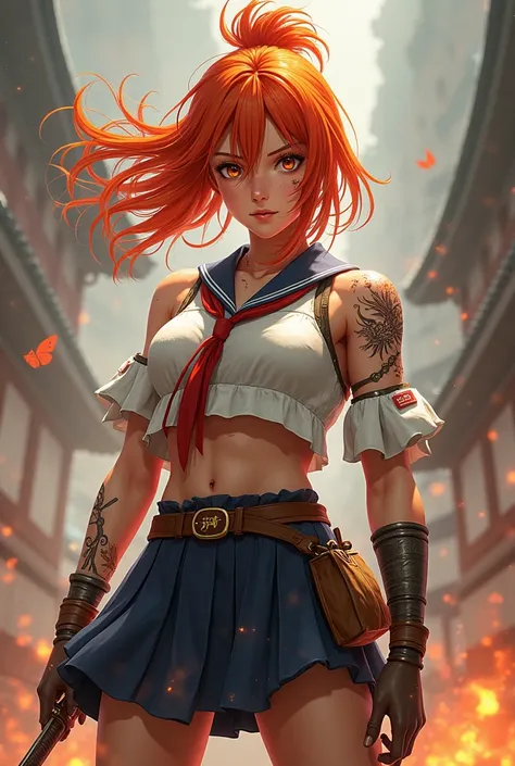 Create a female character with several scars all over her body, orange hair, and a muscular Japanese school uniform with anime features.