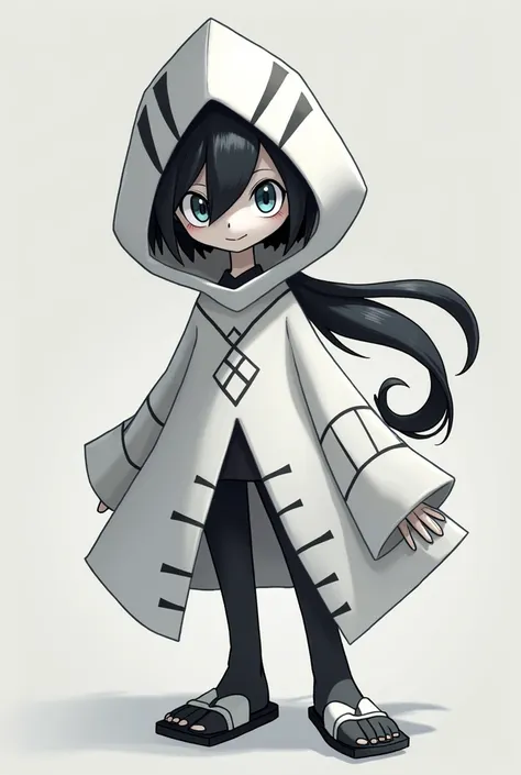 As a gardevoir with these characteristics, he wears a white hooded tunic with black lines and ninja sandals., The boy&#39;s eyes are grey, Her hair is black with white streaks