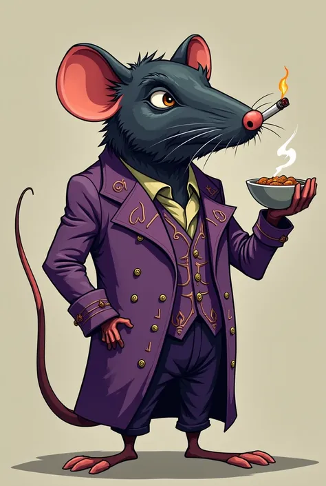 A black Pele-colored rat wearing a purple pimp-style suit with a cigarette in its mouth, the mouse has a bowl in his hand, the drawing style is animated