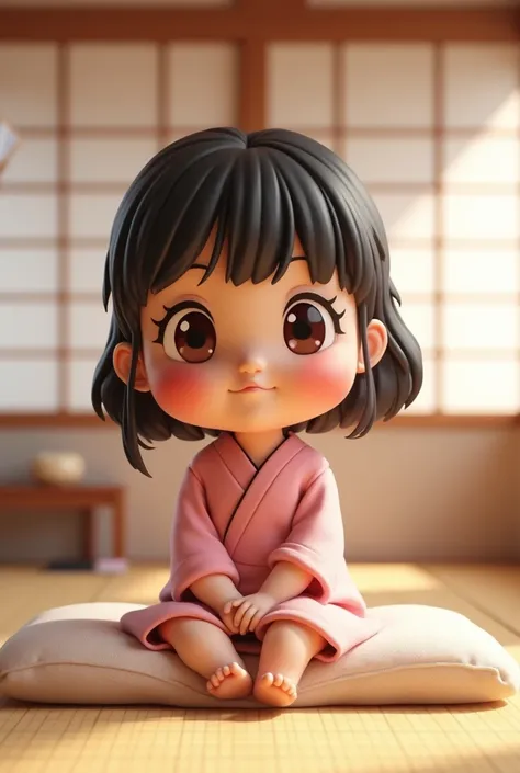 3D caricature, create a cute SAKURA TOMOZO character from MARUKO, sitting on tatami bed in the Japanese room