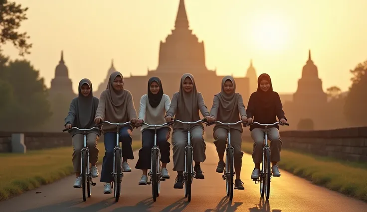 9 beautiful women, veiled, wear a sweater and wear long jeans, and wear snickers, riding bikes side by side on beautiful roads, face facing front camera, with the background of the Indonesian Borobudur temple, morning atmosphere, minim diffect, ultra detai...