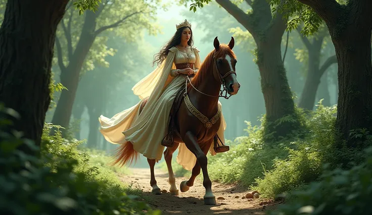 daughter of king princess arushi ridding on horse in the forest ,1200ad era kingdom.very realistic, in detailed image.