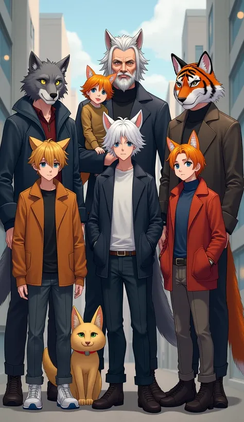 A group of 7 people with animal ears and tails wearing modern clothes: a young man with white dog ears and tail stands in the middle, a young man with a yellow cat&#39;s paw and tail stood next to him, 3 young men with gray wolf ears and tails, a villainou...