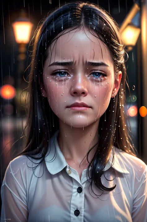 photorealistic, highest quality, highest resolution, super detailed, 16k, movie lighting, rainy night, crying girl, big tears, w...