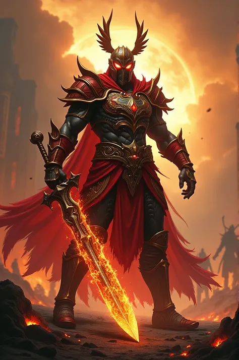 

"A powerful warrior named Vagrius stands on a dramatic battlefield with a sky ablaze. He is dressed in ancient, ornate armor with bright red and gold accents., that highlight his status as a heroic figure. His helmet has large wing-shaped protrusions., a...