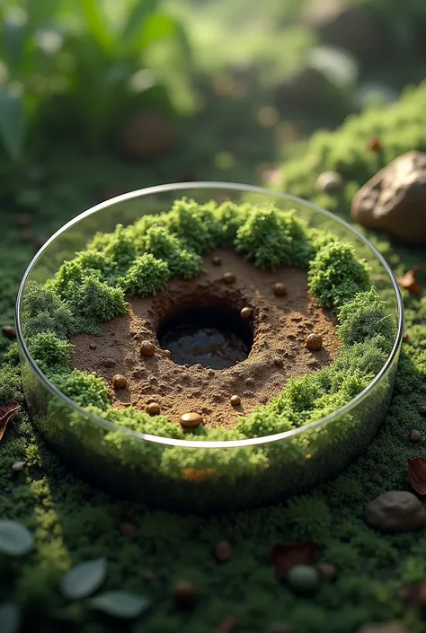 photorealistic shot of natural terrain with dug a hole, closed in a petri dish, masterpiece, ultra high resolution, (photorealistic:1.4), Lighting in cinemas, insanely detailed, Hyperrealistic, complex design, small details, octane render