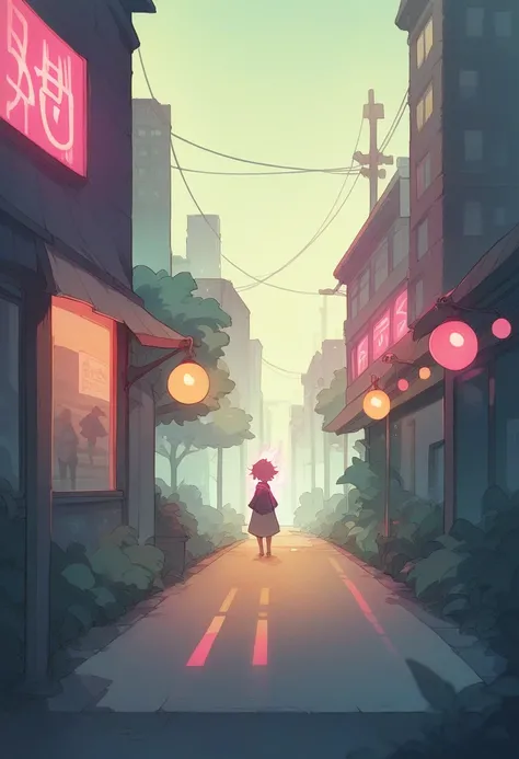 A young woman with a glowing aura silhouette stands in a street in the middle of Yaowarat, wearing a glowing dress that emits neon lights, surrounded by faint shadows of trees, buildings, streets and people illuminated by the Northern Lights.