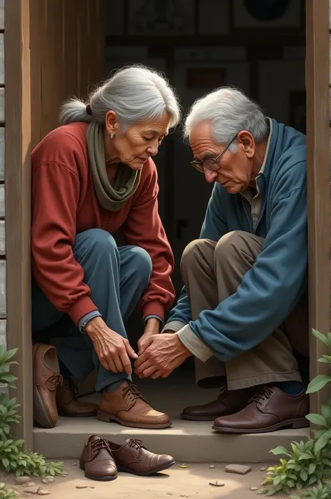 Elderly woman removing shoes at doorstep, son gently stopping her.